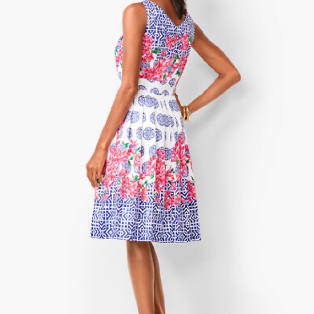 TALBOTS Mosaic Floral Sateen Pink Blue Cotton Stretch Fit & Flare Dress Sz 16WP - Picture 3 of 15